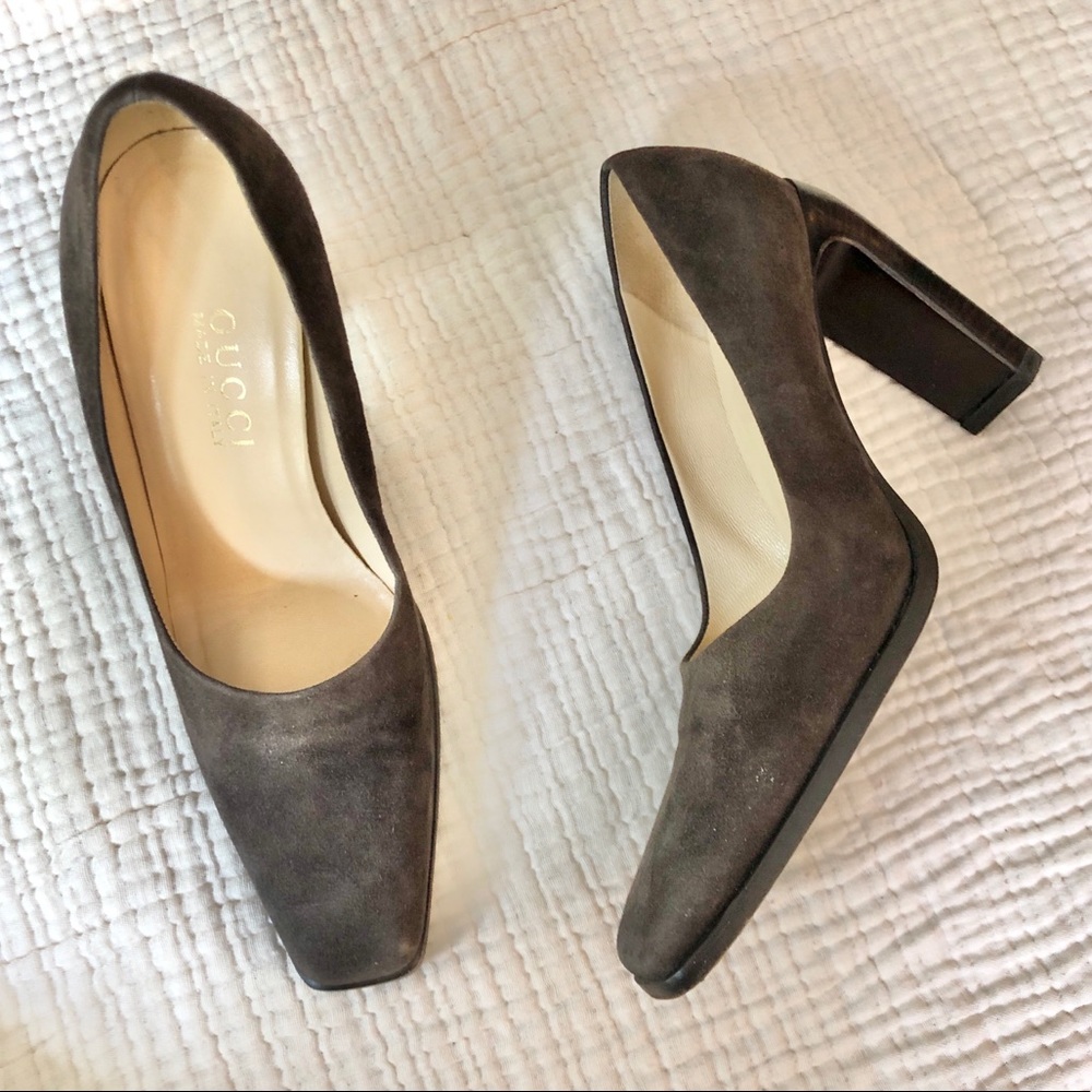 Gucci | Brown Suede Stacked Square Toe Heels